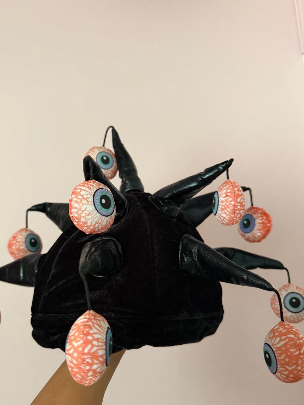 Black Plush Spiky Hat with Eyeball Accents - Hat